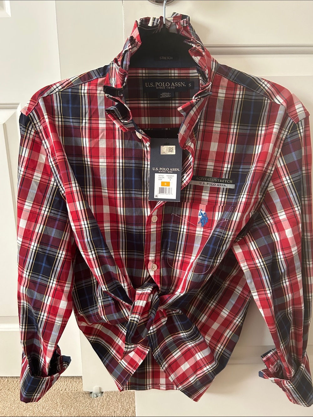 Brand new U.S. Polo Assn. Red and Navy Plaid Shirt recreated for a woman.
